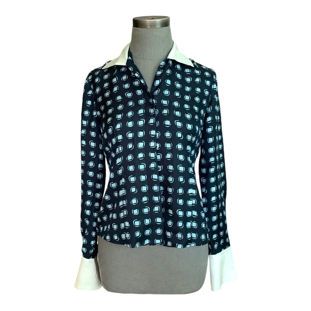 Women Shirt JONES NEWYORK Black Blue Geometric Print Silk Blouse Long Sleeve Top - Picture 3 of 7